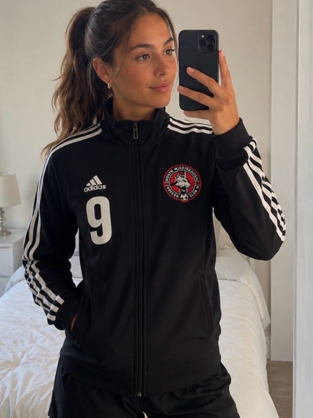 adidas Black Women's Soccer Bomber Jacket with White Stripes & Number 9